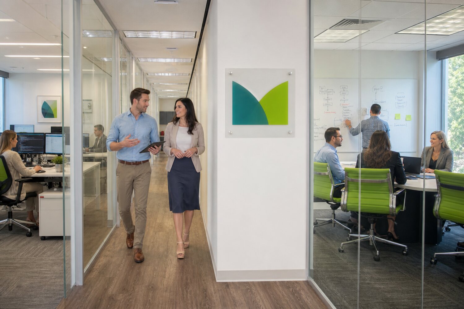 Open Sparkhound office with team members at work and a pair walking the hallway