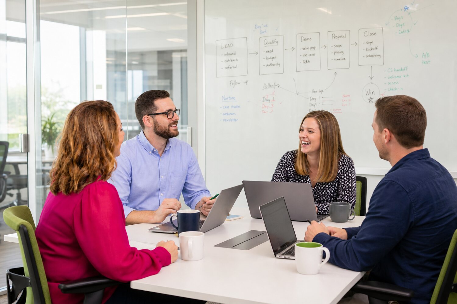 Project team laughing around a conference table during a working check-in