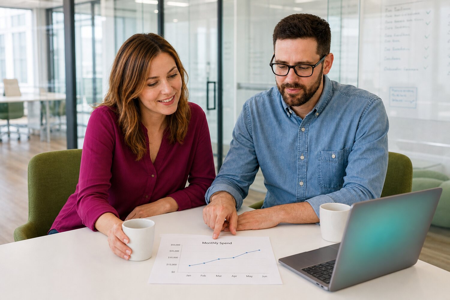 Consultant and client reviewing a printed monthly cloud spend chart at a conference table