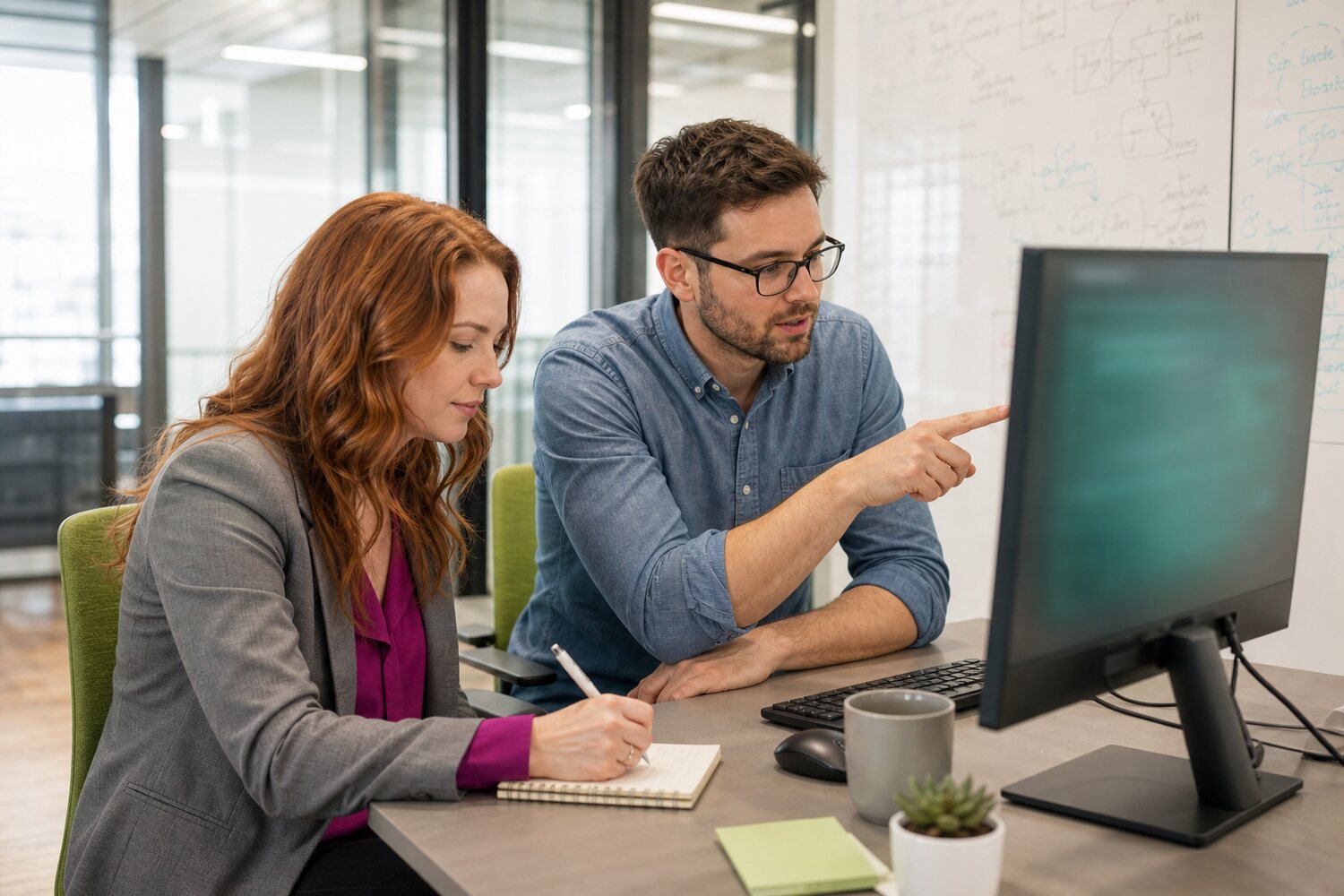 Cloud engineer and security analyst sharing one screen at a desk