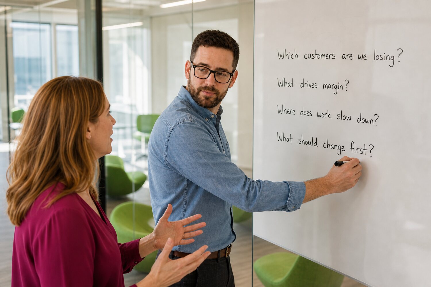 Sparkhound consultant writing business questions on a whiteboard while the client talks