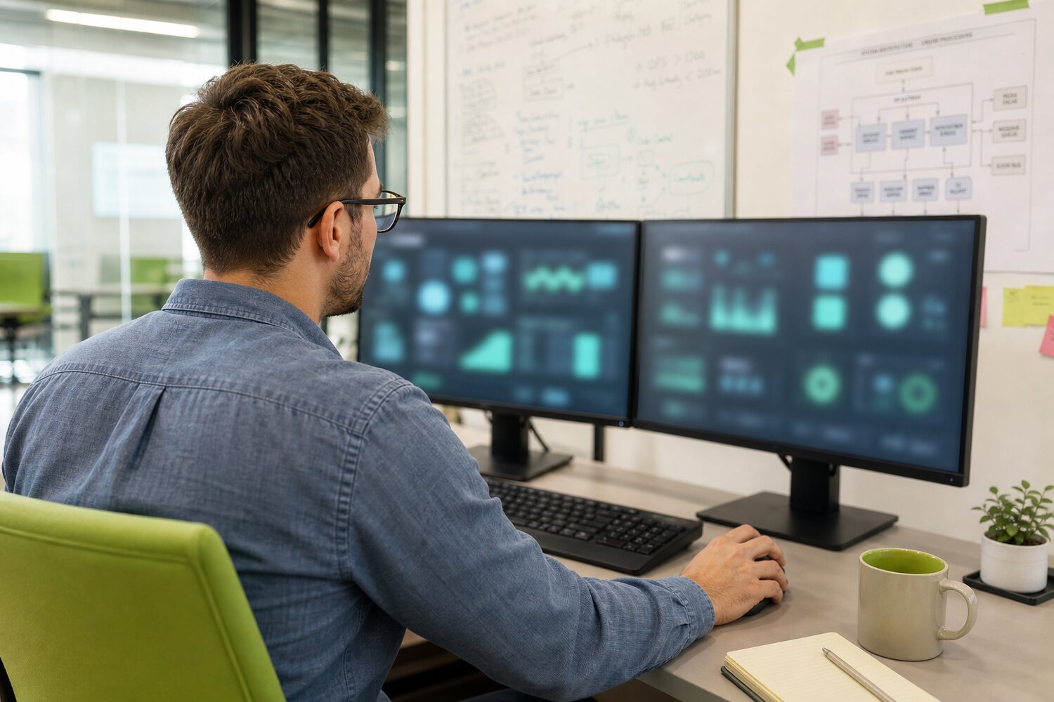 Analyst reviewing softly glowing dashboards across dual monitors