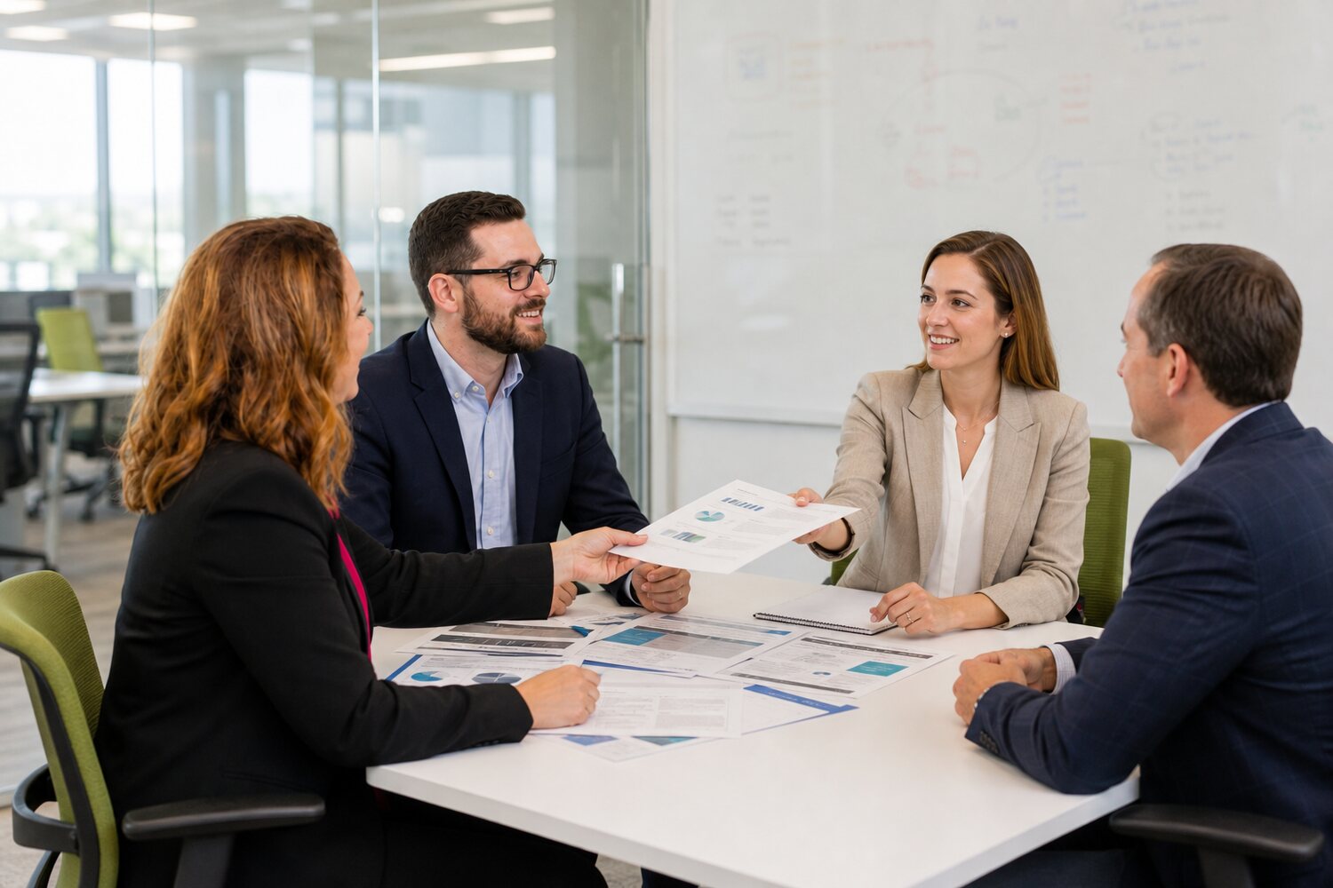 Consultants and clients reviewing printed reports at a conference table