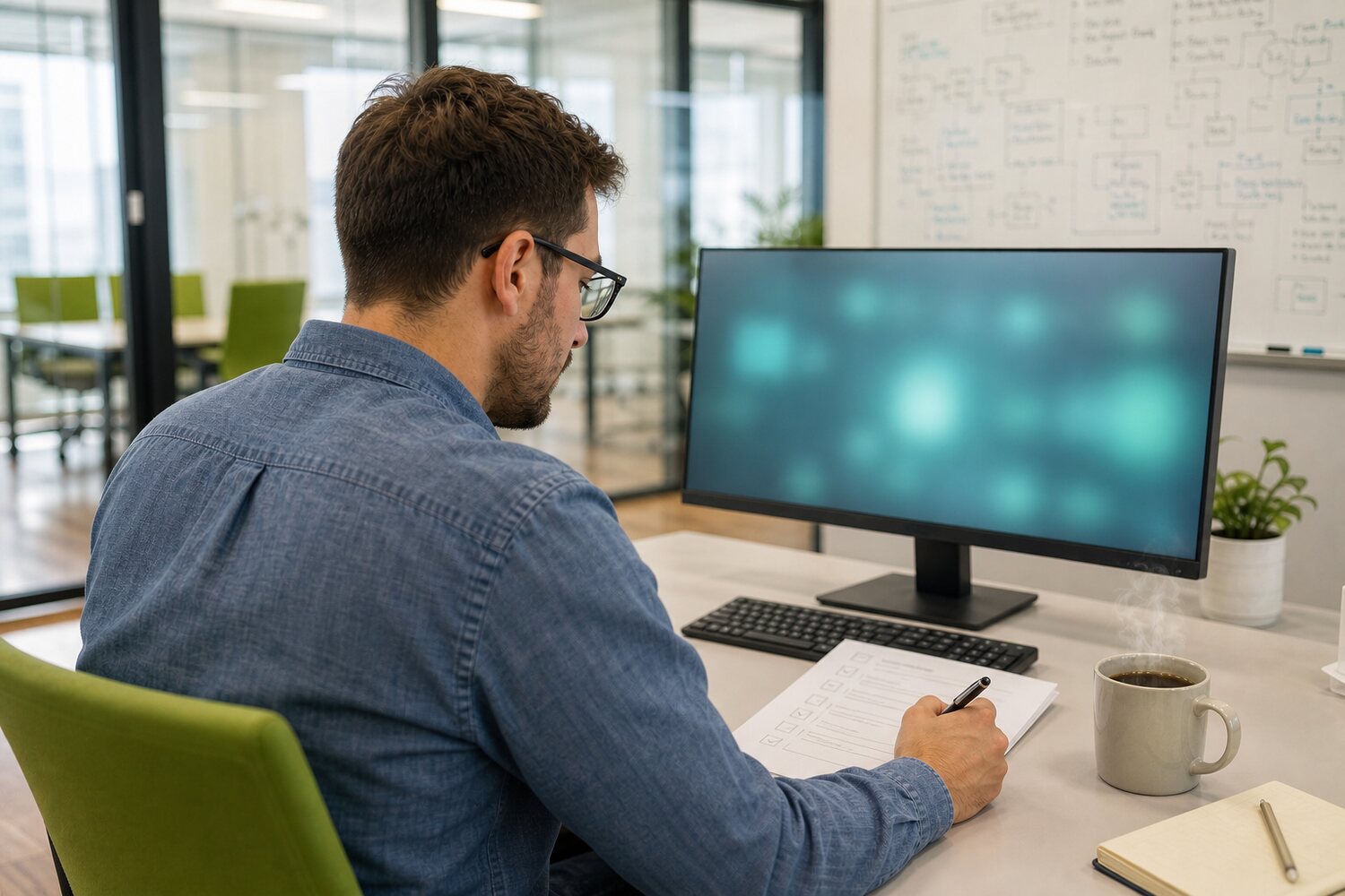 Engineer calmly working through a printed checklist beside a softly glowing monitor