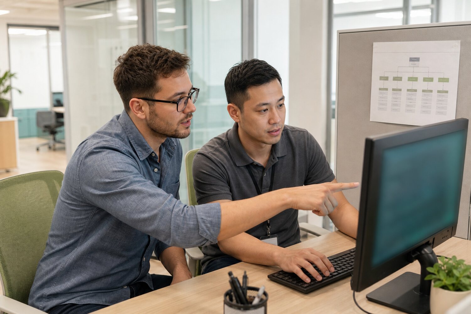 A Sparkhound engineer and a client&rsquo;s internal engineer at one monitor, an escalation chart pinned behind them