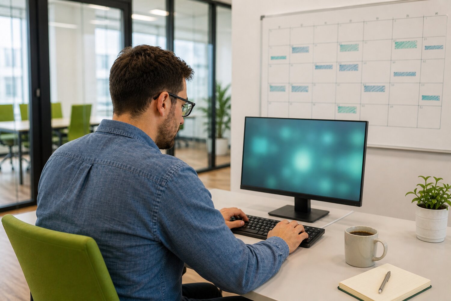 An engineer working calmly at a tidy desk, a whiteboard month grid of scheduled work behind them