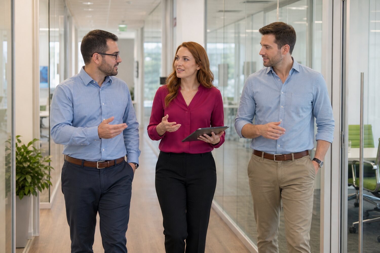 A Sparkhound consultant walking a client corridor with two staff, tablet in hand mid-conversation