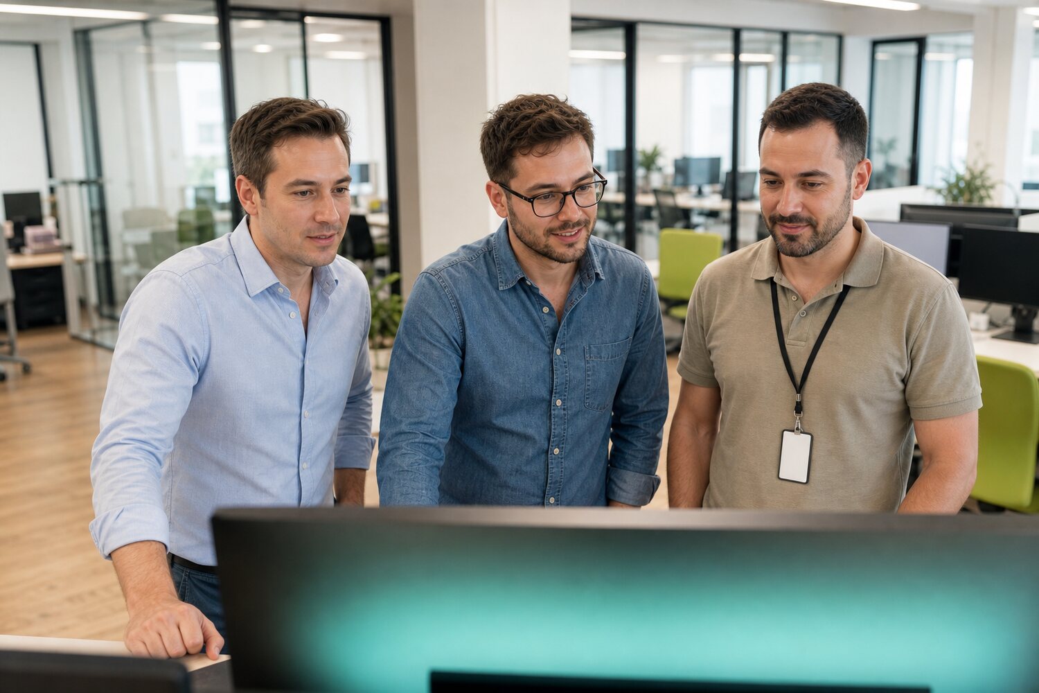 Three Sparkhound team members working through a project together at one workstation