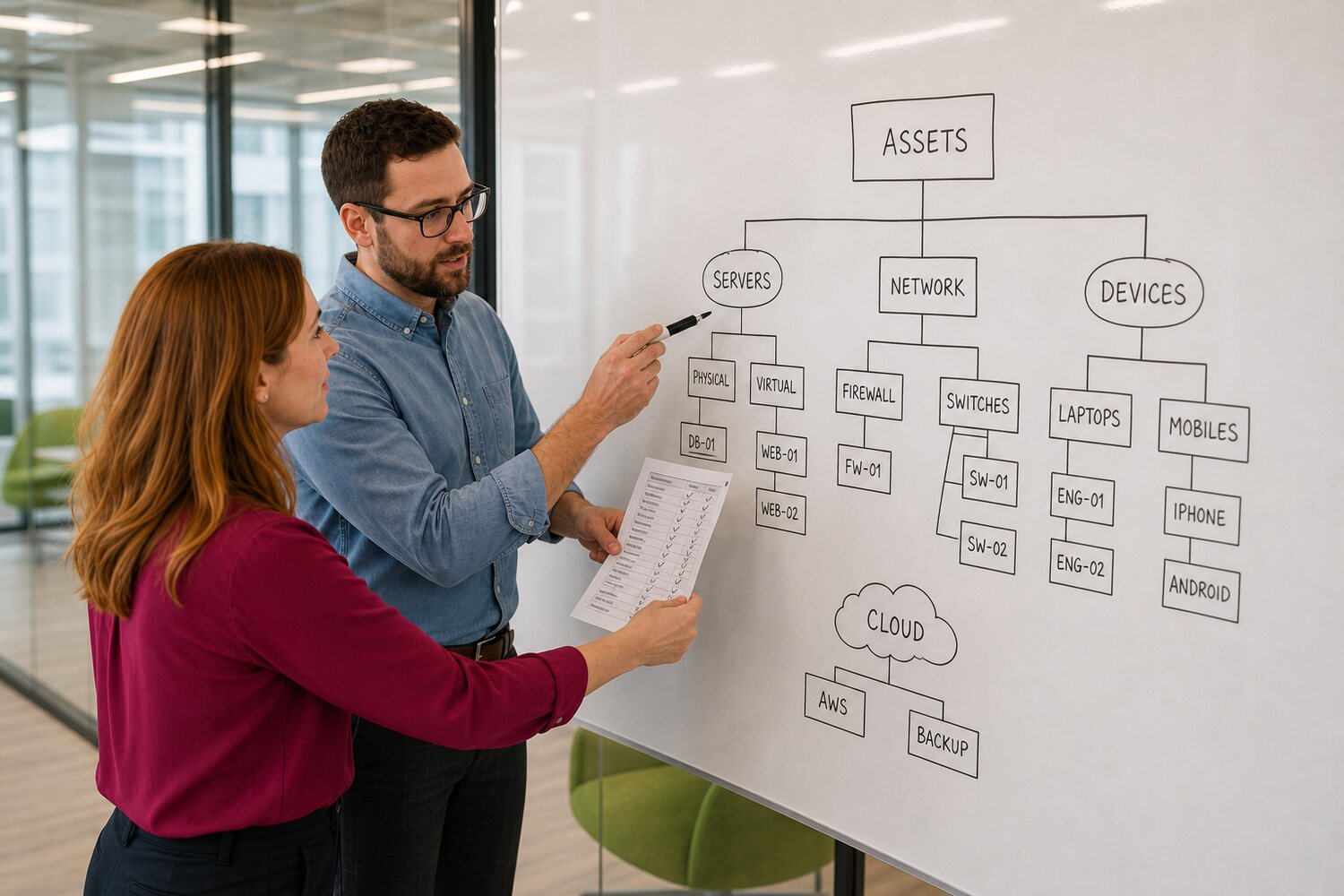 Two engineers at a whiteboard building an asset-inventory tree, one checking a printed list against the board