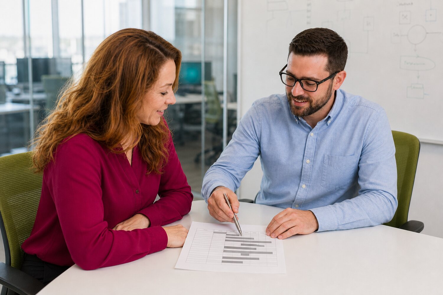 Consultant and client side by side reviewing a printed scorecard matrix at a conference table
