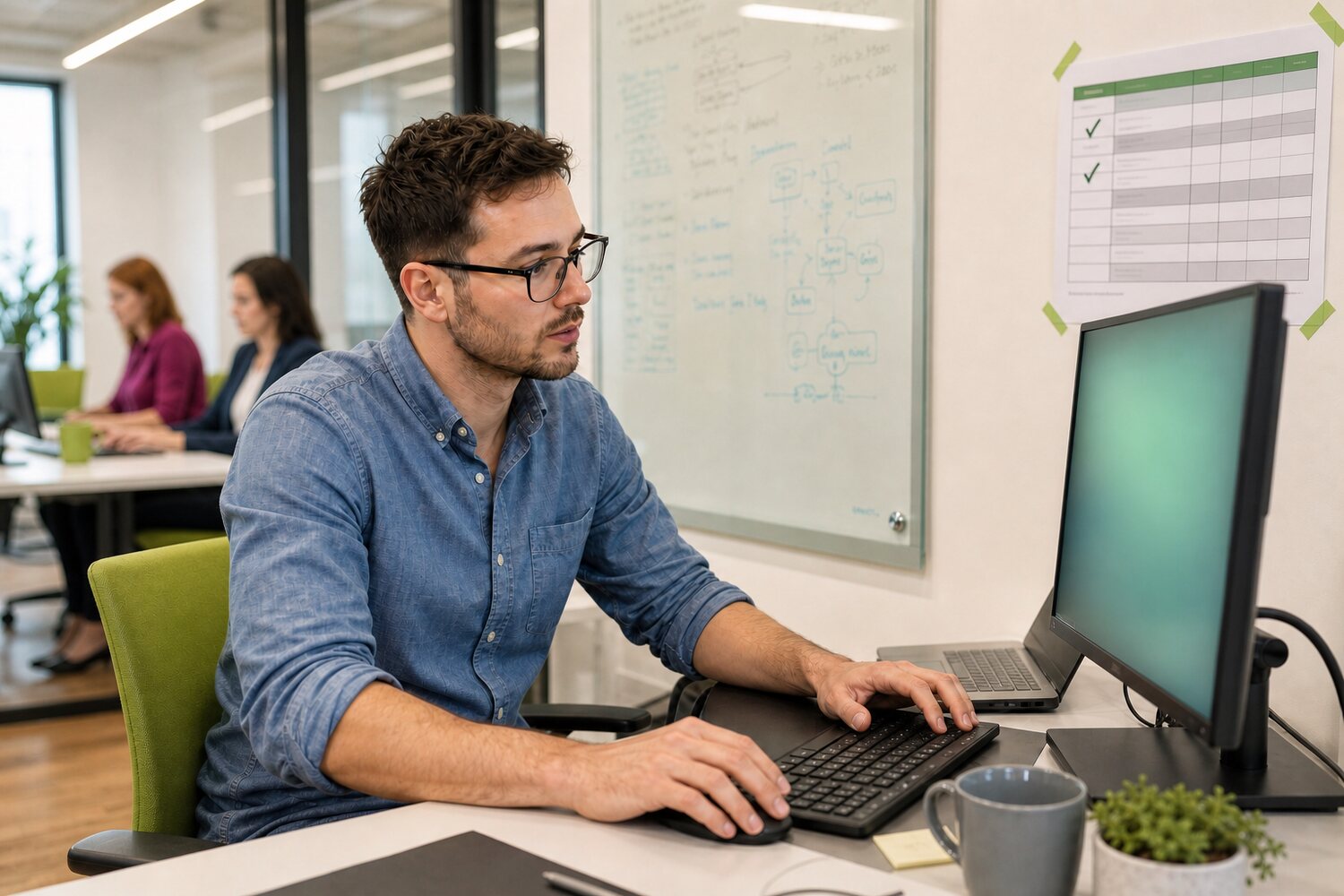 The same consultant working the remediation queue at a workstation, the scorecard taped up beside the monitor with rows ticked off