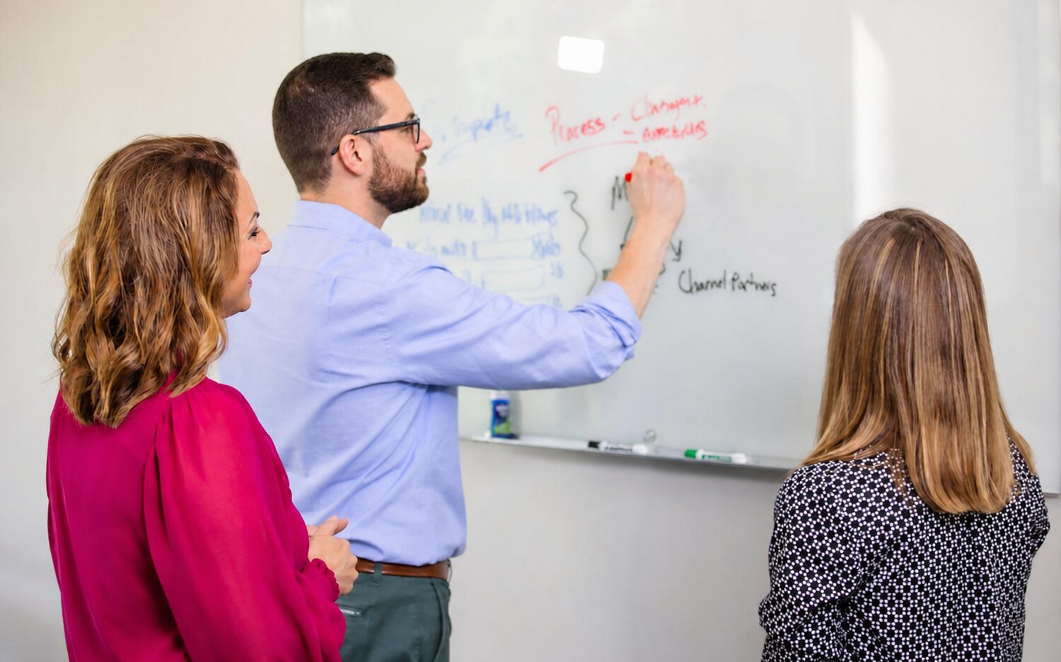 Sparkhound team member mapping strategy on a whiteboard with two colleagues