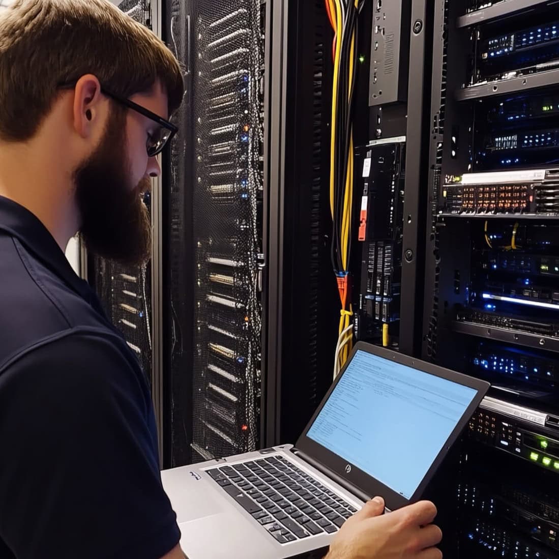 Man with beard working on server